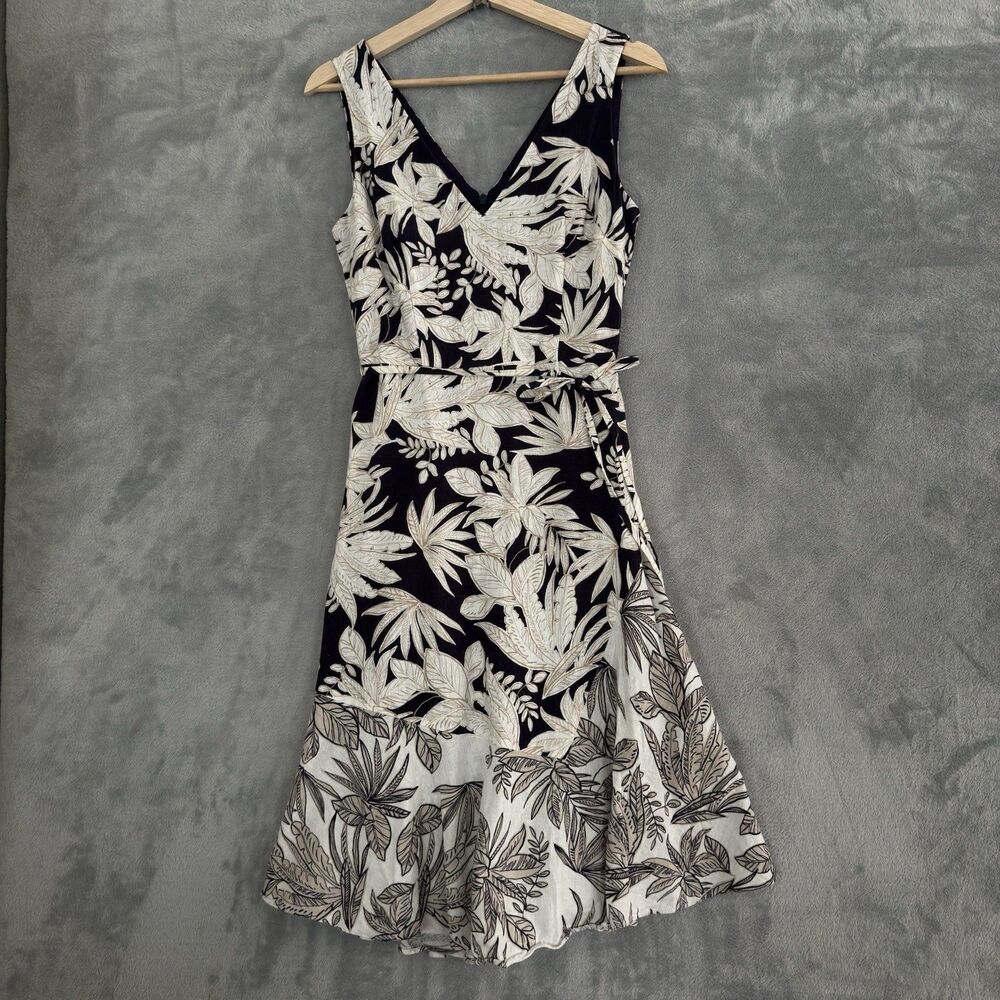 Vince Camuto Linen Blend Midi Dress Womens Size 6 Botanical Print Sleeveless